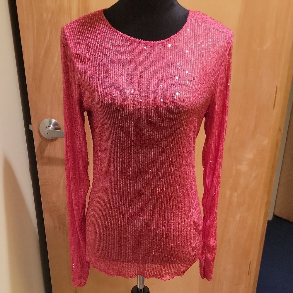 Free People Hot Pink Sequin Long Sleeve Top Sz M
